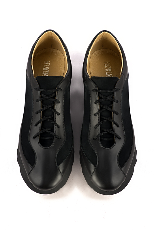 Satin black women's elegant sneakers. Round toe. Low rubber soles. Top view - Florence KOOIJMAN